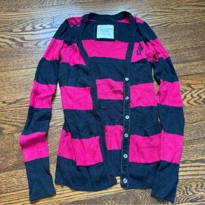 Abercrombie & Fitch Y2K Pink Navy Striped Button Front Pocket Cardigan Small